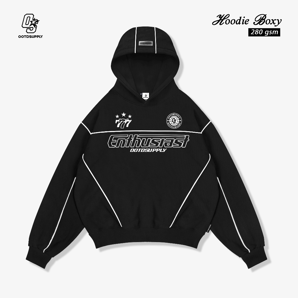 OOTDSUPPLY Hoodie Boxyfit Streetline Triple Sevent Black | Hoodie Boxy fit | Outer Streetwear Unisex | OS-HD-BX-STL-001