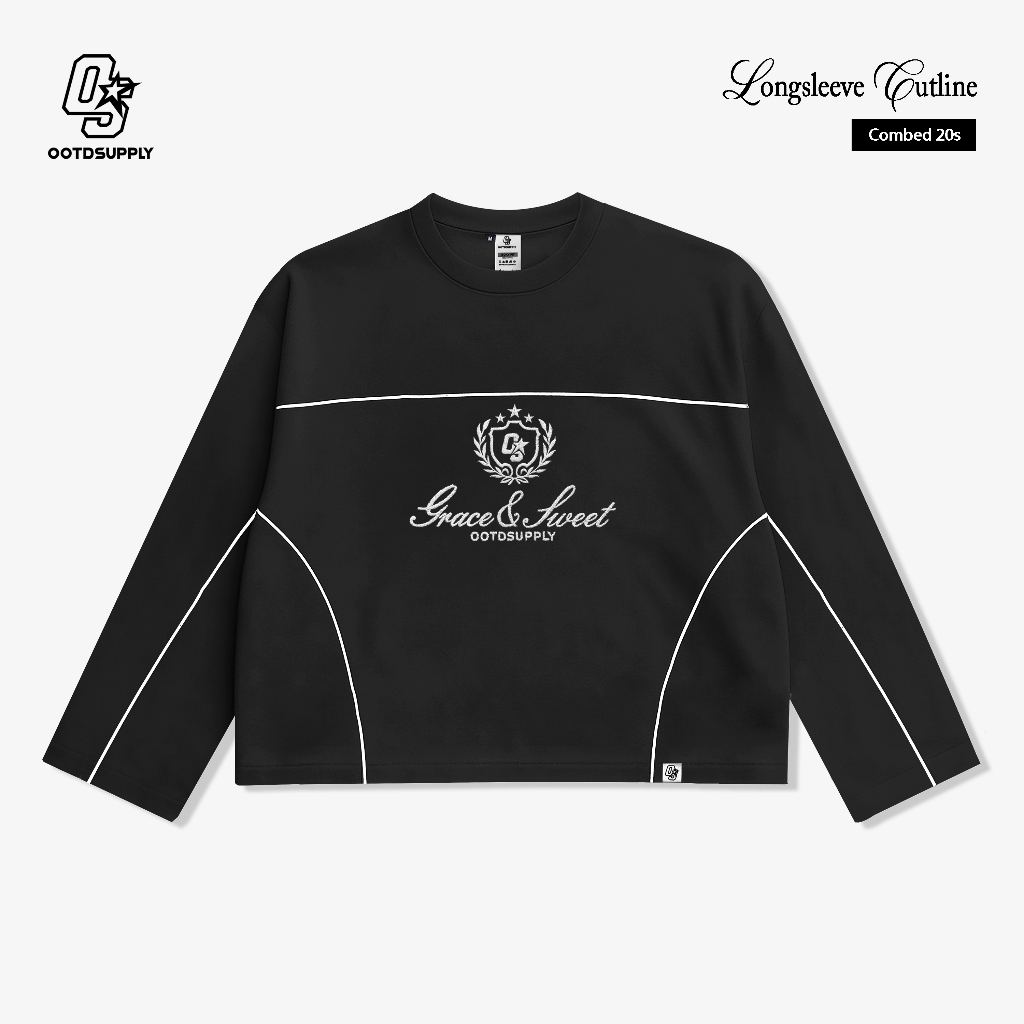 OOTDSUPPLY Longsleeve Boxy Cutline Grace & Sweet Embroidery Black l Tshirt Boxyfit Panjang Unisex | Kaos Lengan Panjang Pria dan Wanita | LS-BX-CL-GSE