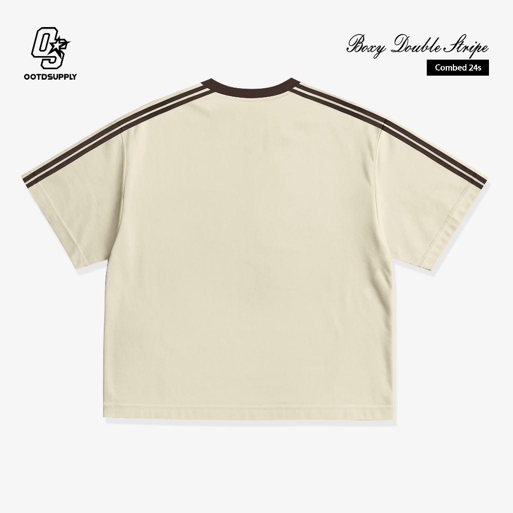 OOTDSUPPLY Oversize Boxy Double Stripe Melvine Frasoir Cream l T-Shirt Boxyfit OOTD l Kaos Lengan Pendek Sporty | Luxury Series | OS-OVZ-BX-DS-004
