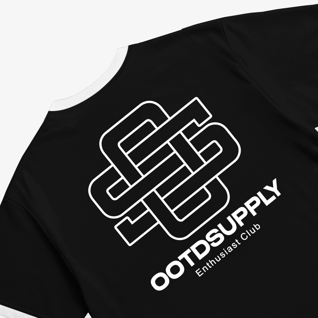 OOTDSUPPLY Oversized Boxy Monogram Black Ringer Line White | Oversize Pria & Wanita | Kaos Unisex | OS-OVZ-BX-RL005