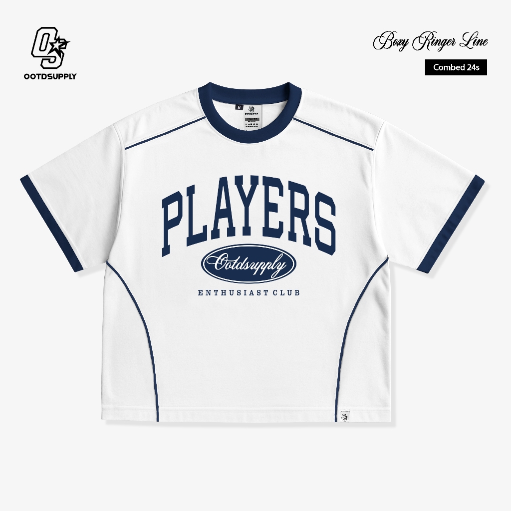 OOTDSUPPLY Oversized Boxy Players White Ringer Line Navy | Oversize Pria & Wanita | Kaos Unisex | OS-OVZ-BX-RL008