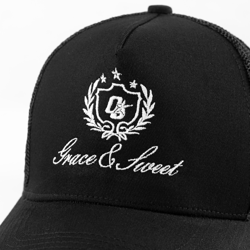 OOTDSUPPLY Polo Caps Trucker Bordir Grace & Sweet Embroidery Black | Luxury Series | Topi Hat Twill Bordir Pria & Wanita | CAP44-TRC