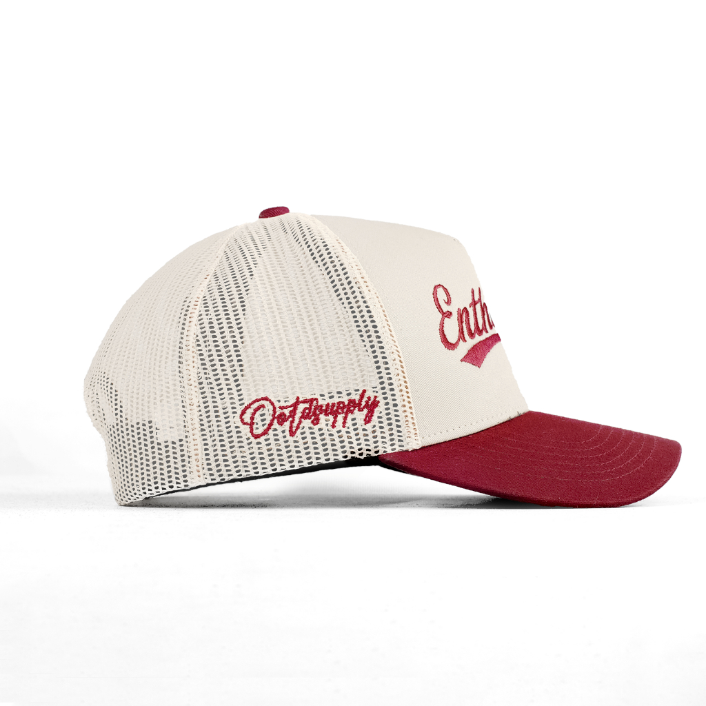OOTDSUPPLY Polo Caps Trucker Bordir Nineteen Maroon Cream | Topi Hat Twill Bordir Pria & Wanita | CAP44-TRC-CMR