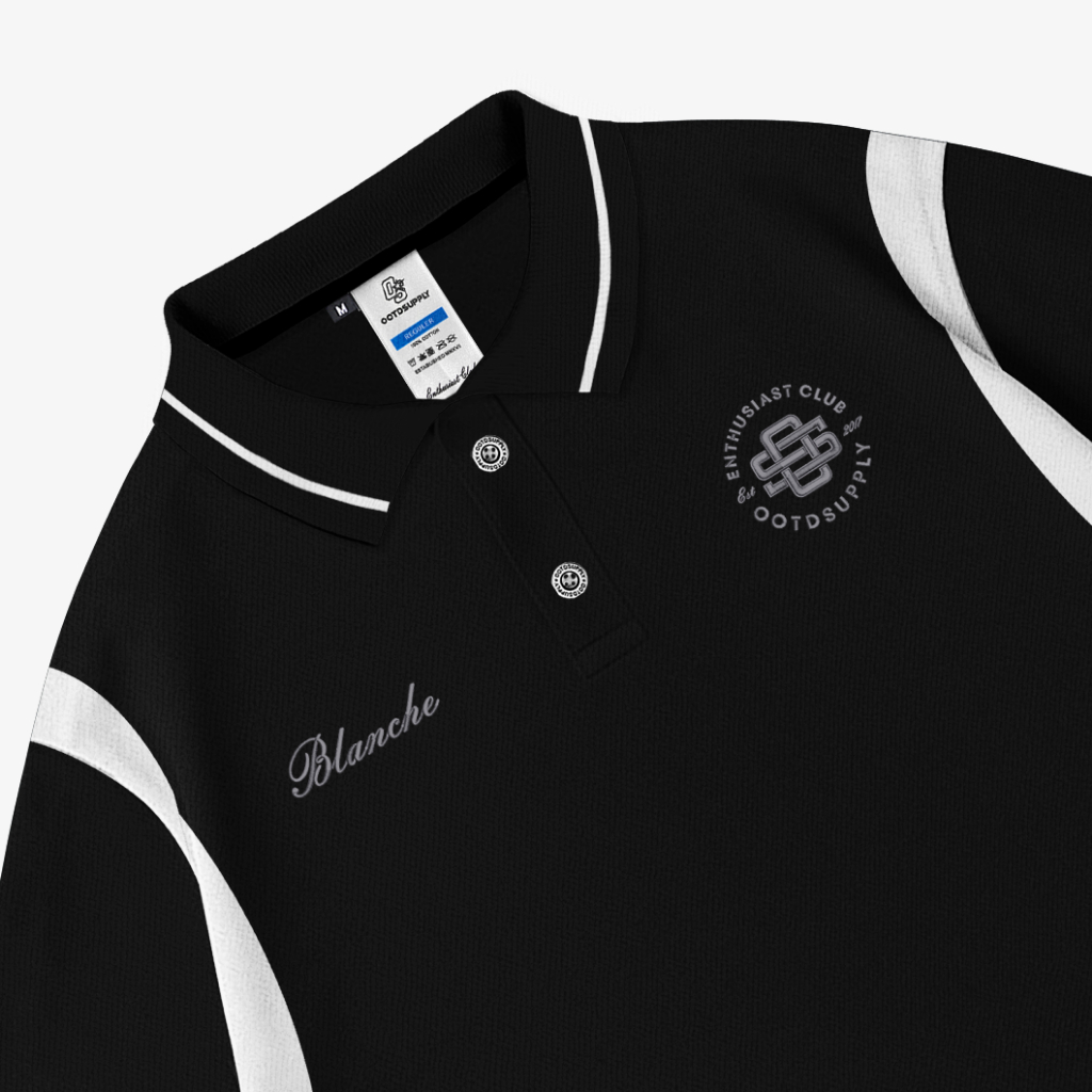 OOTDSUPPLY Polo Shirt Pique Edge Blanche Embroidery Black l Polo Pique | Kemeja Unisex Kerah Polo Lacost I OS-PSPQ-RGB-EDGE-BLE