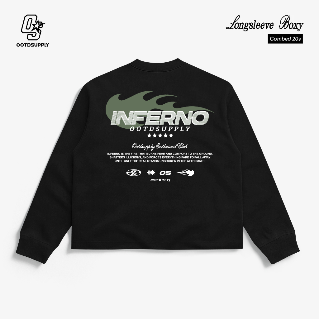 OOTDSUPPLY Longsleeve Boxy 20s Inferno Black l Oversize T-Shirt Lengan Panjang l Kaos Panjang Boxyfit | OS-LS-BX-RIB013
