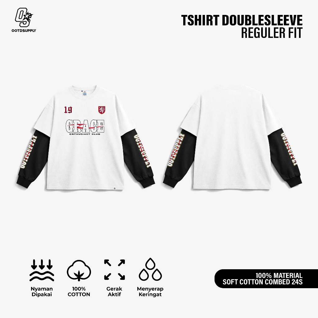 OOTDSUPPLY Longsleeve Doublesleeve Grace White Black | Longsleeve Reguler Fit | Kaos Lengan Panjang Layer | OS-LS-DS-RIB001