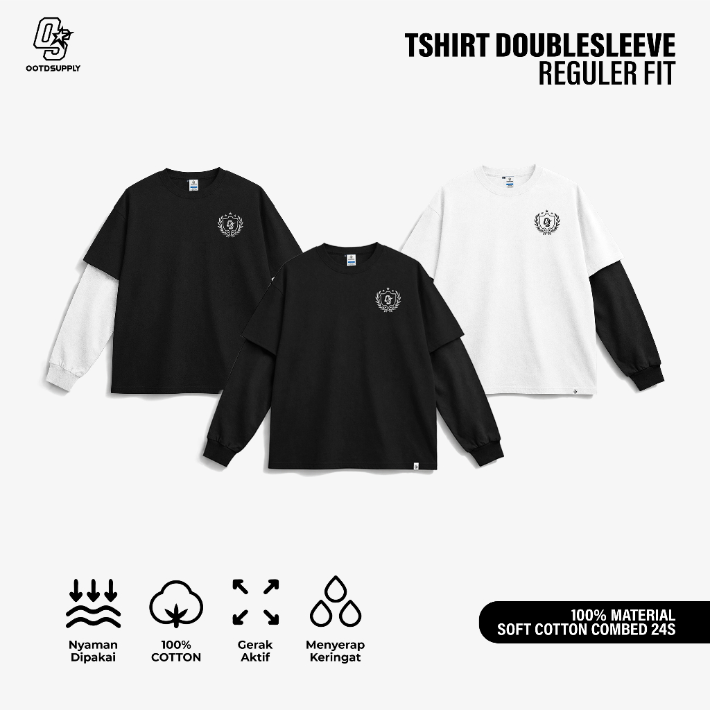 OOTDSUPPLY Longsleeve Doublesleeve Leticia Embroiderry | Longsleeve Reguler Fit | Kaos Lengan Panjang Layer | OS-LS-DS-RIB-LCE