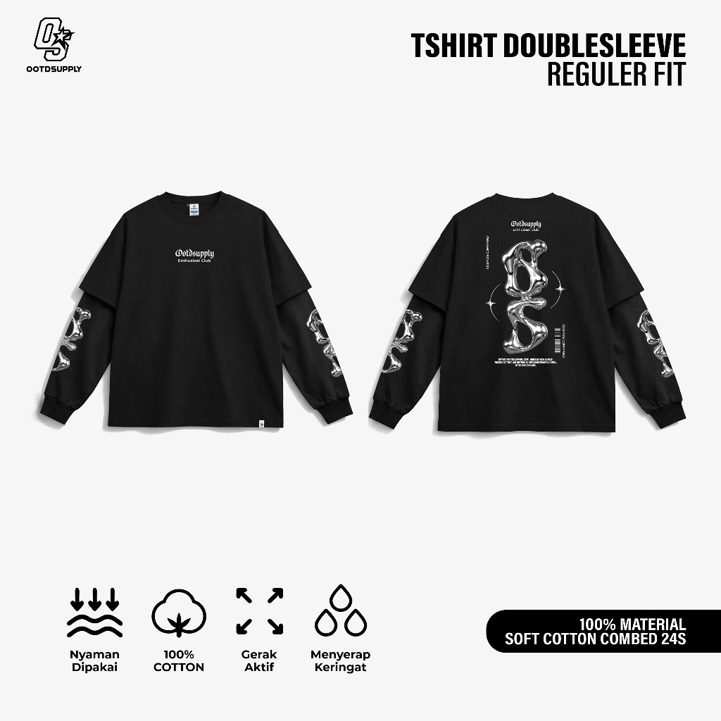 OOTDSUPPLY Longsleeve Doublesleeve Cosmic Black | Longsleeve Reguler Fit | Kaos Lengan Panjang Layer | OS-LS-DS-RIB002