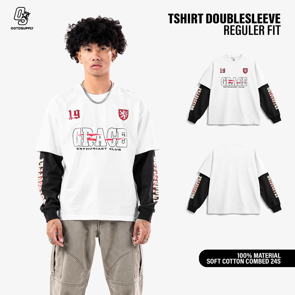 OOTDSUPPLY Longsleeve Doublesleeve Grace White Black | Longsleeve Reguler Fit | Kaos Lengan Panjang Layer | OS-LS-DS-RIB001