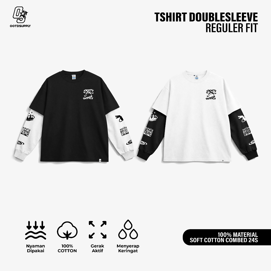 OOTDSUPPLY Longsleeve Doublesleeve Universe White Black | Longsleeve Reguler Fit | Kaos Lengan Panjang Layer | OS-LS-DS-RIB003