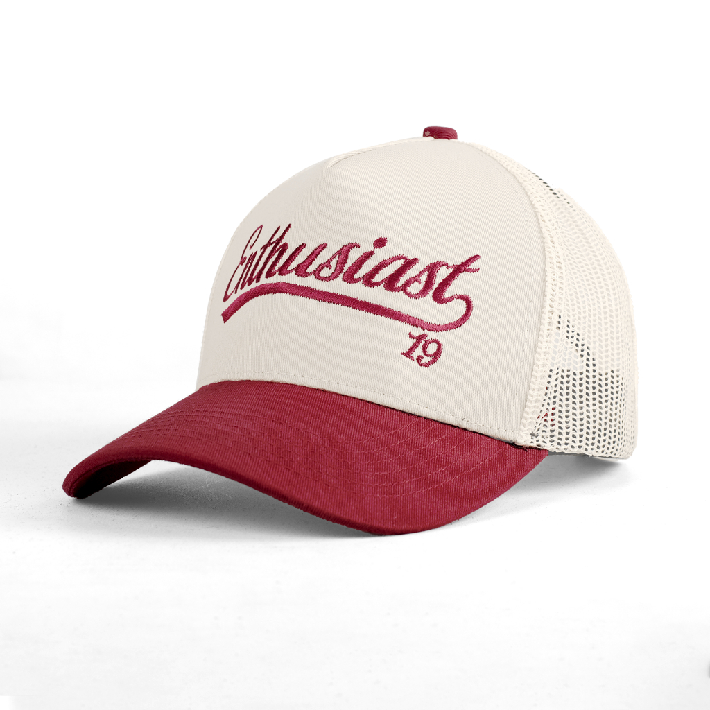 OOTDSUPPLY Polo Caps Trucker Bordir Nineteen Maroon Cream | Topi Hat Twill Bordir Pria & Wanita | CAP44-TRC-CMR