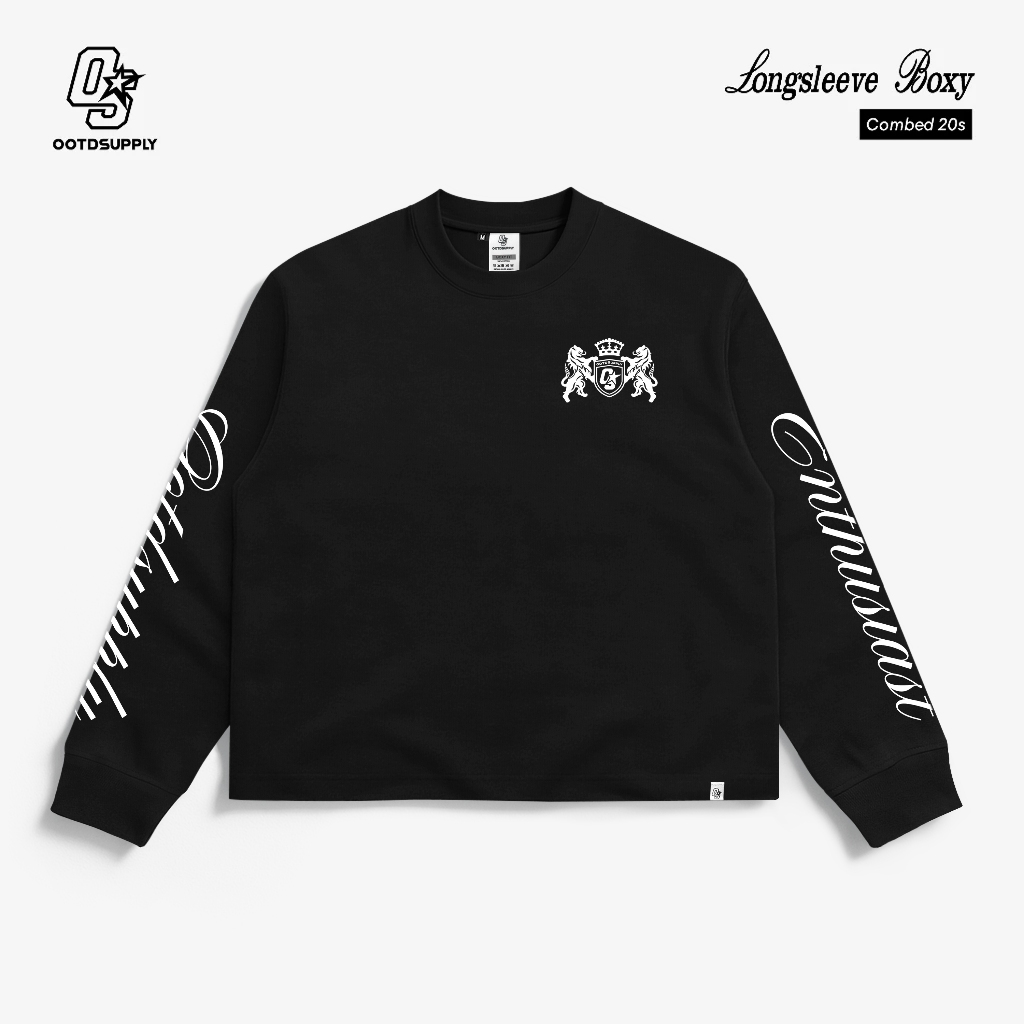 OOTDSUPPLY Longsleeve Boxy 20s Royal Crest Black l Oversize T-Shirt Lengan Panjang l Kaos Panjang I Atasan Unisex | OS-LS-BX-RIB004