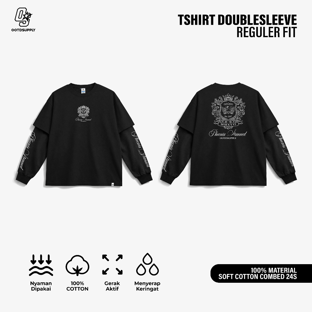 OOTDSUPPLY Longsleeve Doublesleeve Phoenix Black | Longsleeve Reguler Fit | Kaos Lengan Panjang Layer | OS-LS-DS-RIB005