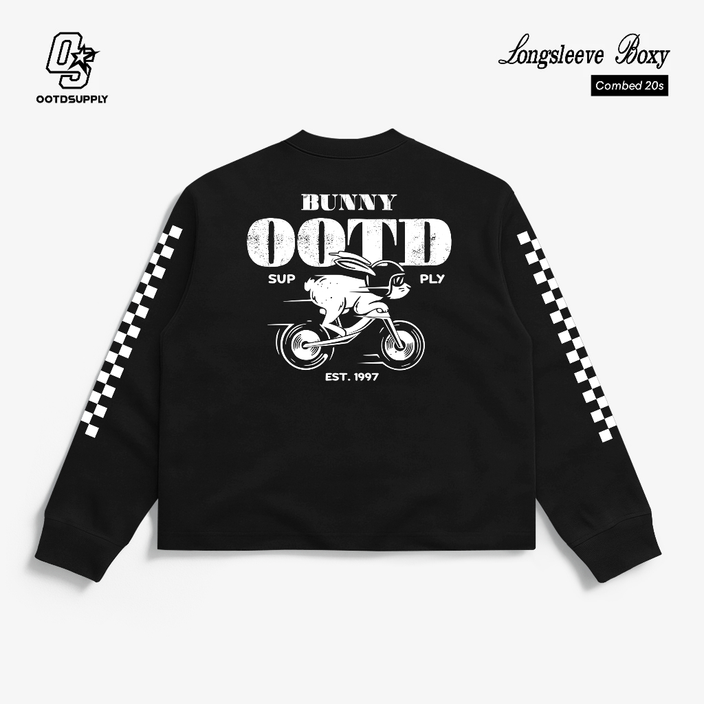 OOTDSUPPLY Longsleeve Boxy 20s Bunny Black & White l Oversize T-Shirt Lengan Panjang l Kaos Panjang Boxyfit | OS-LS-BX-RIB011