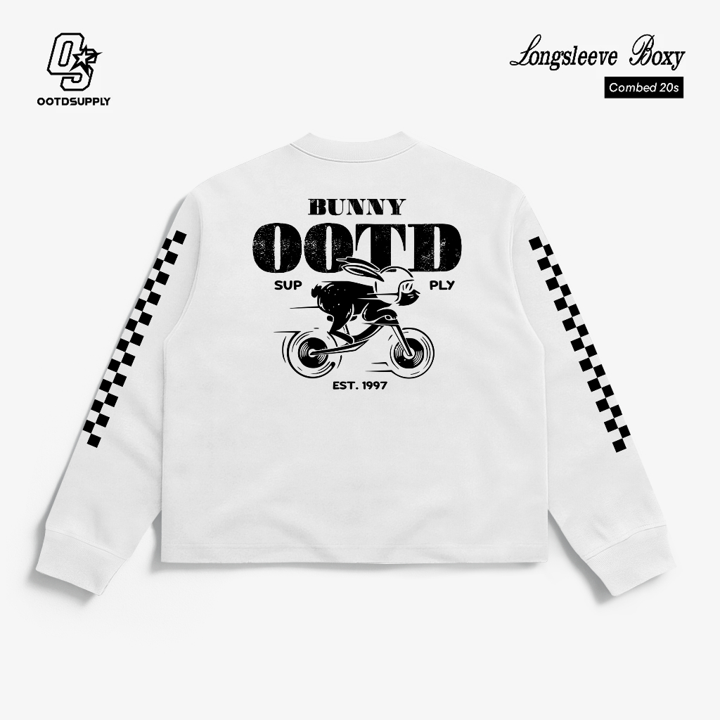 OOTDSUPPLY Longsleeve Boxy 20s Bunny Black & White l Oversize T-Shirt Lengan Panjang l Kaos Panjang Boxyfit | OS-LS-BX-RIB011