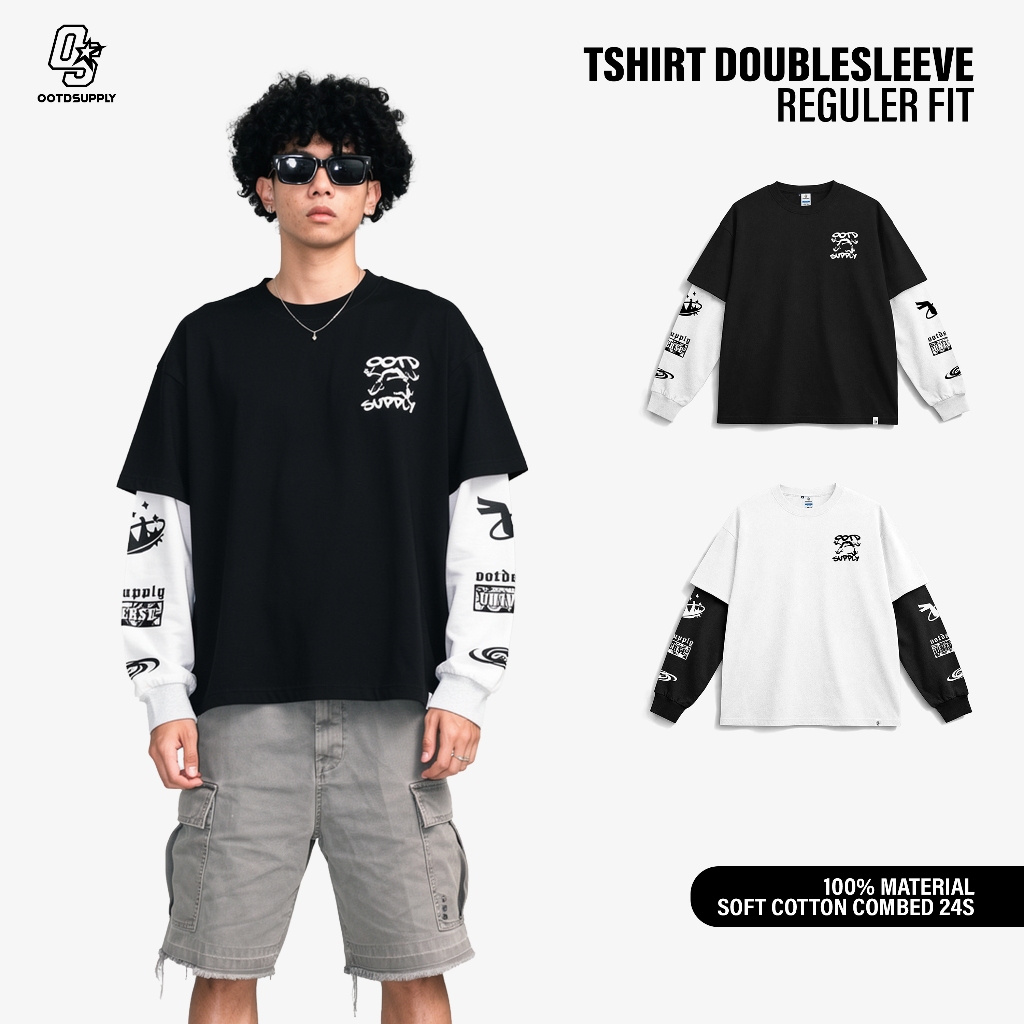 OOTDSUPPLY Longsleeve Doublesleeve Universe White Black | Longsleeve Reguler Fit | Kaos Lengan Panjang Layer | OS-LS-DS-RIB003