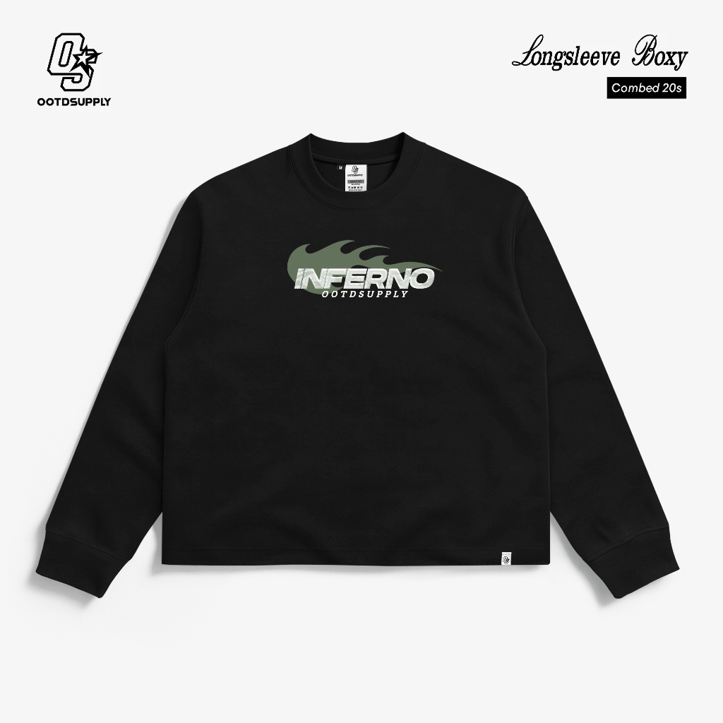 OOTDSUPPLY Longsleeve Boxy 20s Inferno Black l Oversize T-Shirt Lengan Panjang l Kaos Panjang Boxyfit | OS-LS-BX-RIB013
