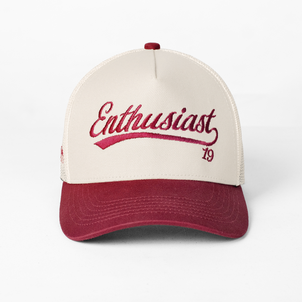 OOTDSUPPLY Polo Caps Trucker Bordir Nineteen Maroon Cream | Topi Hat Twill Bordir Pria & Wanita | CAP44-TRC-CMR