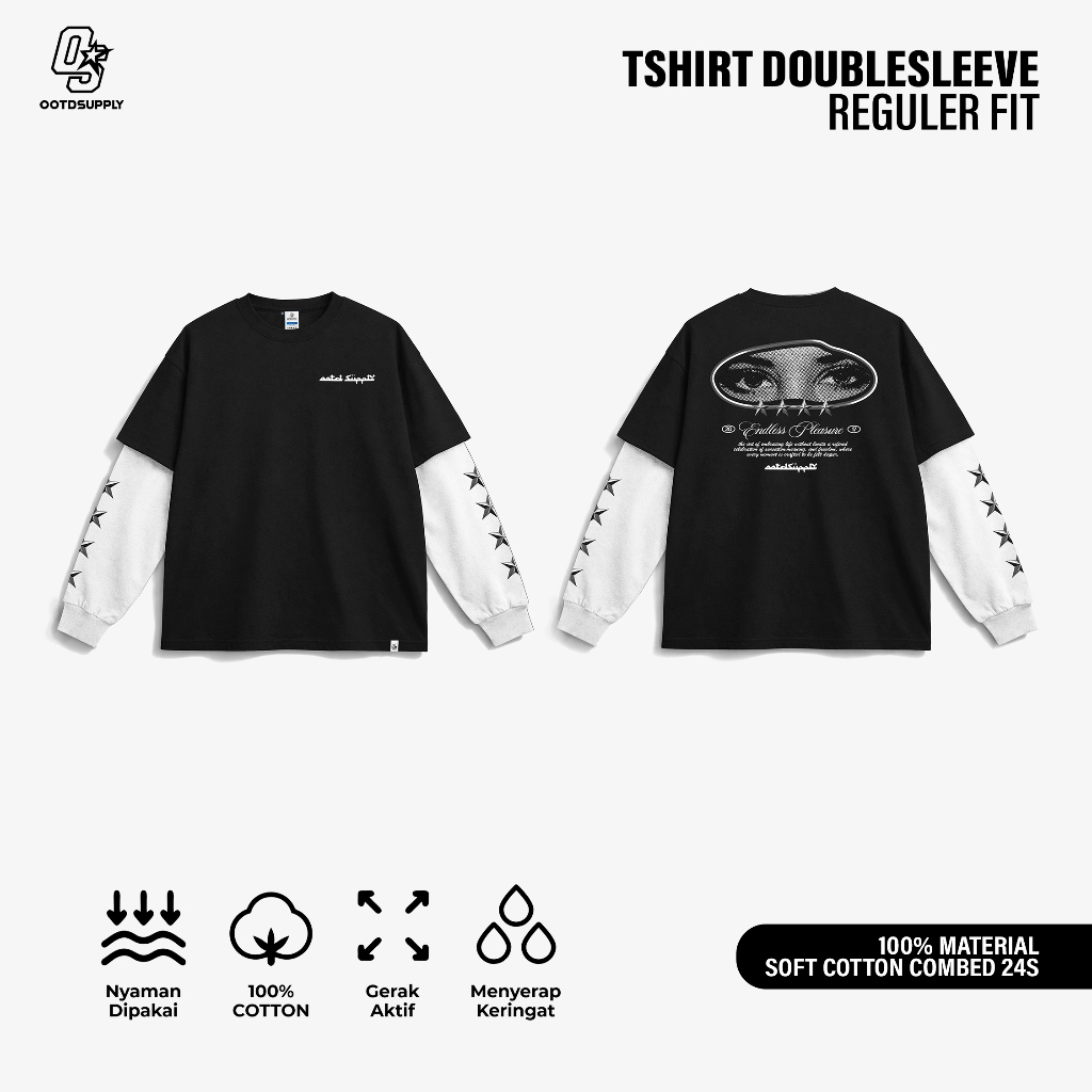 OOTDSUPPLY Longsleeve Doublesleeve Endless Black White | Longsleeve Reguler Fit | Kaos Lengan Panjang Layer | OS-LS-DS-RIB004