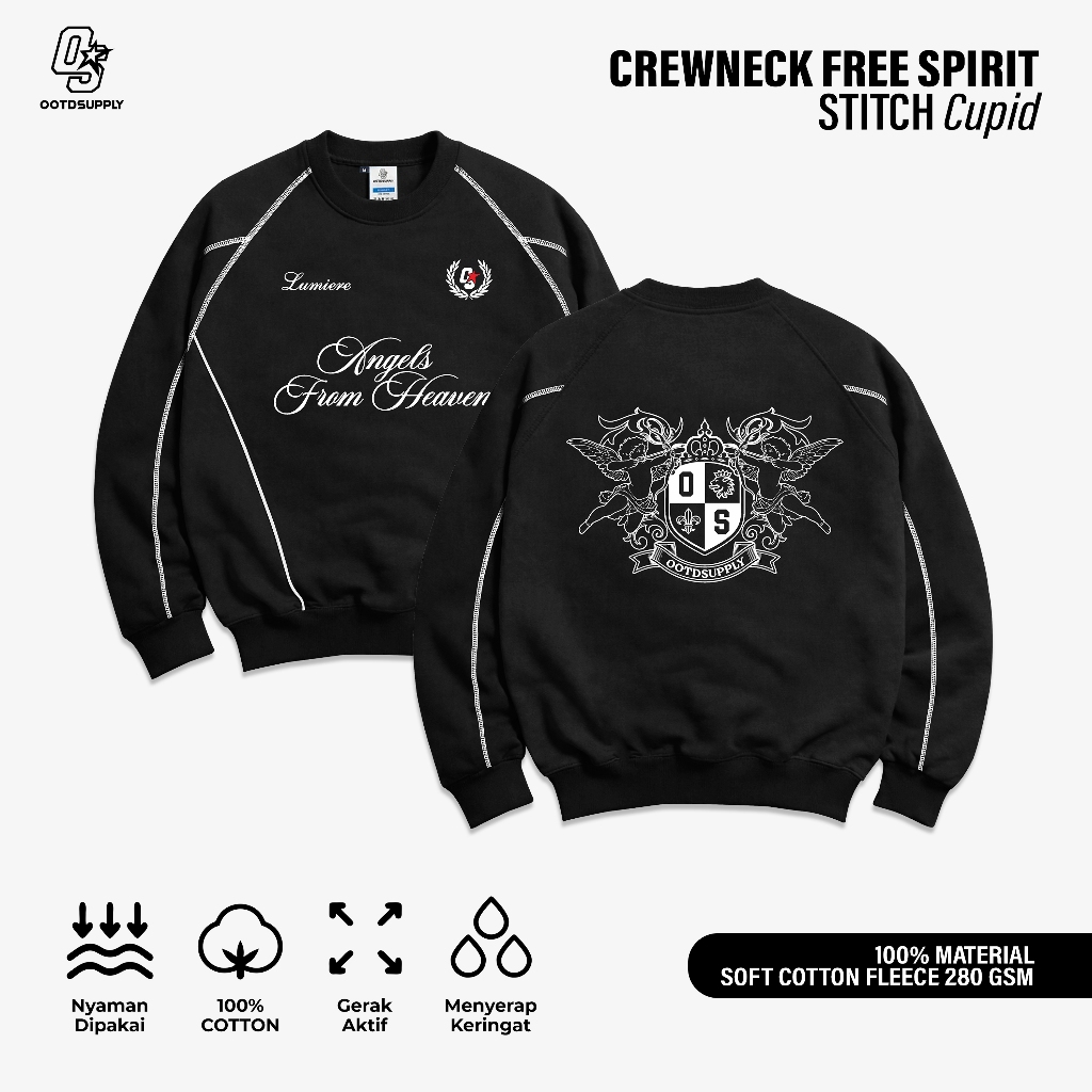 OOTDSUPPLY Crewneck Stitch Cupid Black | Sweater Pria & Wanita | Cotton Fleece Unisex | OS-CN-STITCH-005
