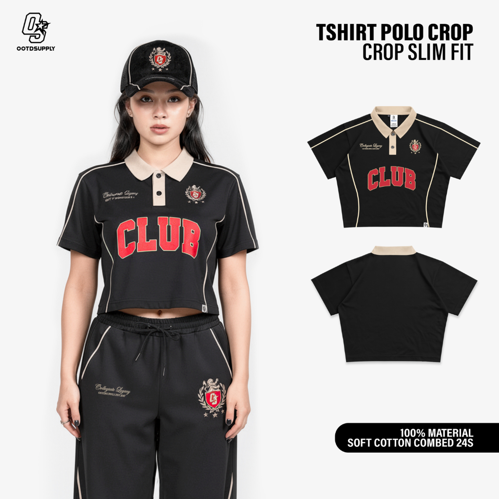 OOTDSUPPLY Polo Croptop SlimFit Curveline Collegiate Black Cream l Polo Crop Fit Royal Series | Crop Fit Double List Premium | OS-CT-PS-CVL-BLC-003