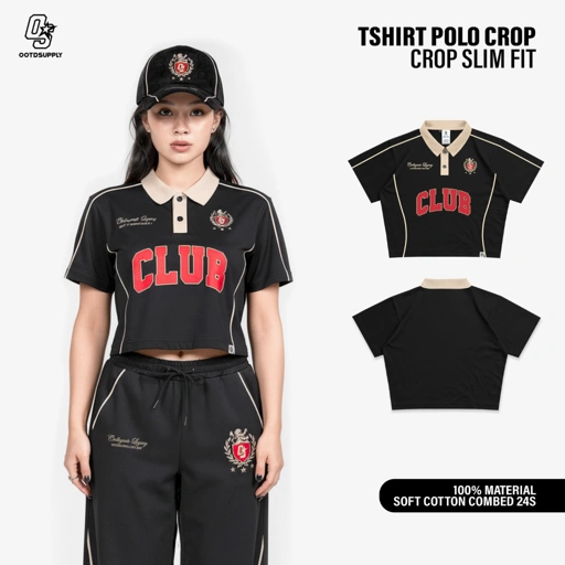Image of OOTDSUPPLY Polo Croptop SlimFit Curveline Collegiate Black Cream l Polo Crop Fit Royal Series | Crop Fit Double List Premium | OS-CT-PS-CVL-BLC-003