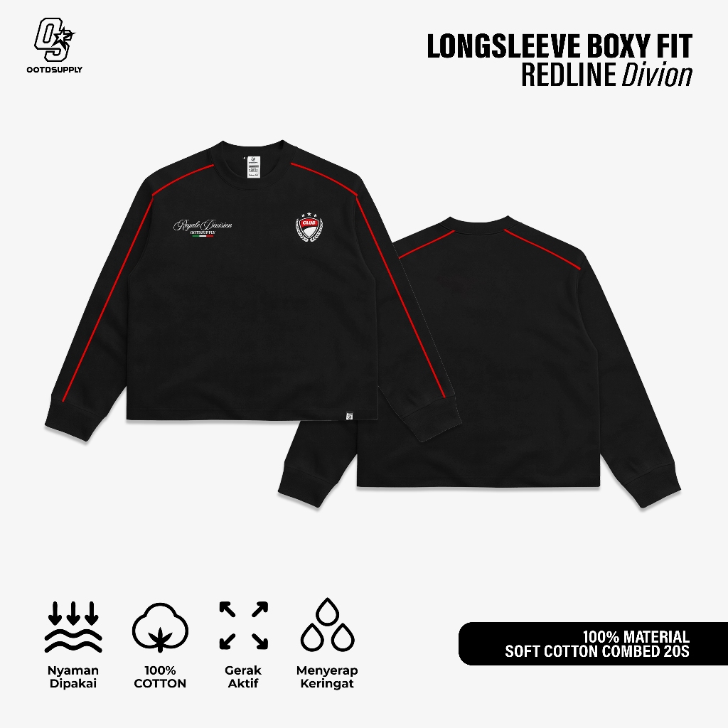 OOTDSUPPLY Longsleeve BoxyFit Redline Divion Black l Atasan Boxy Lengan Panjang Line Series | OS-LSBX-RL-BLK-003