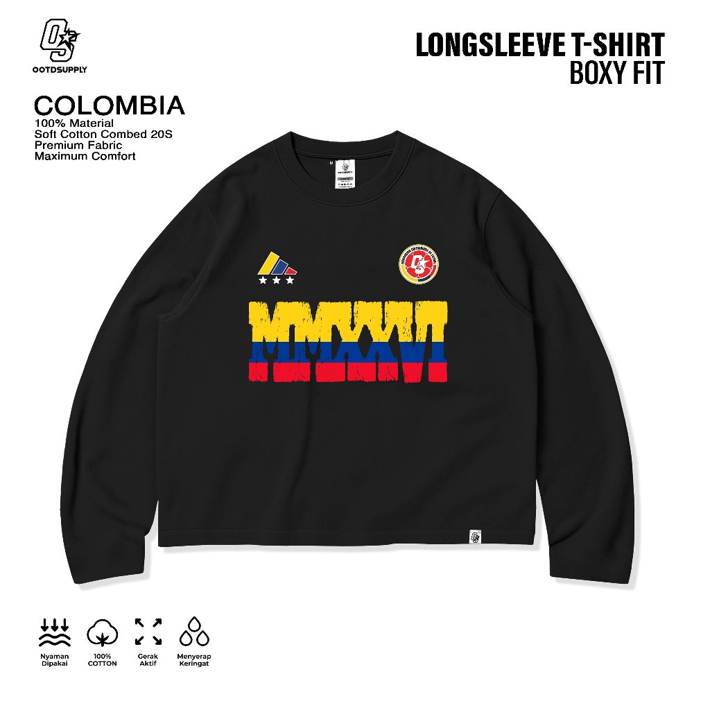 OOTDSUPPLY Longsleeve Boxy 20s Colombia Black l Oversize Boxy World Cups Series | T-Shirt Lengan Panjang l Kaos Panjang I Atasan Unisex | OS-LS-BX-016