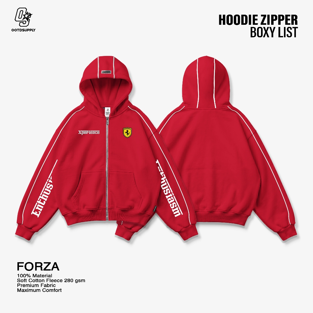 OOTDSUPPLY Hoodie Zipper BoxyFit Forza Embroiderry Red & Black l Hoodie Boxy Zipper List Series | OS-HDBX-ZP-LIST-RC-001E