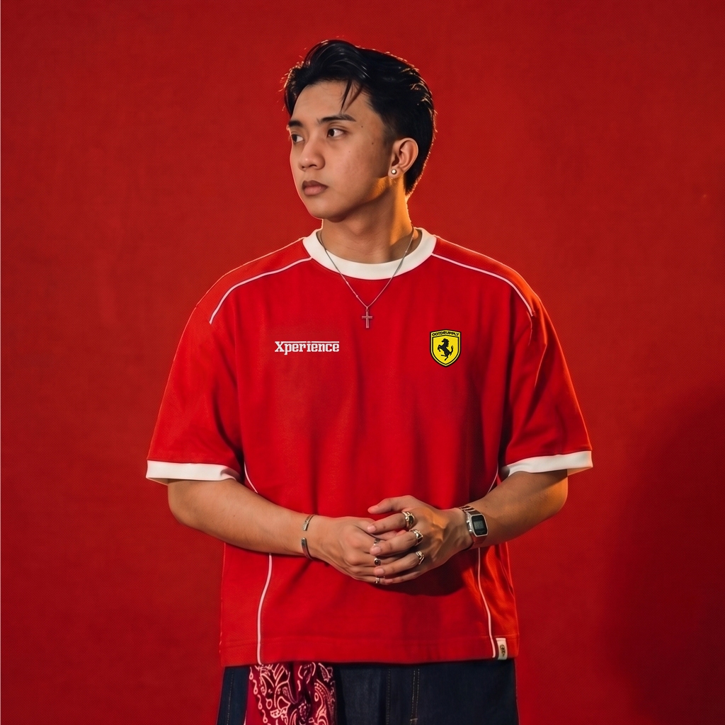 OOTDSUPPLY Oversize Boxy Ringer Line Forza Embroiderry Red Chili & Black l Kaos Boxy Unisex Ringer Series | OS-OVZ-BX-RL-RC-001E
