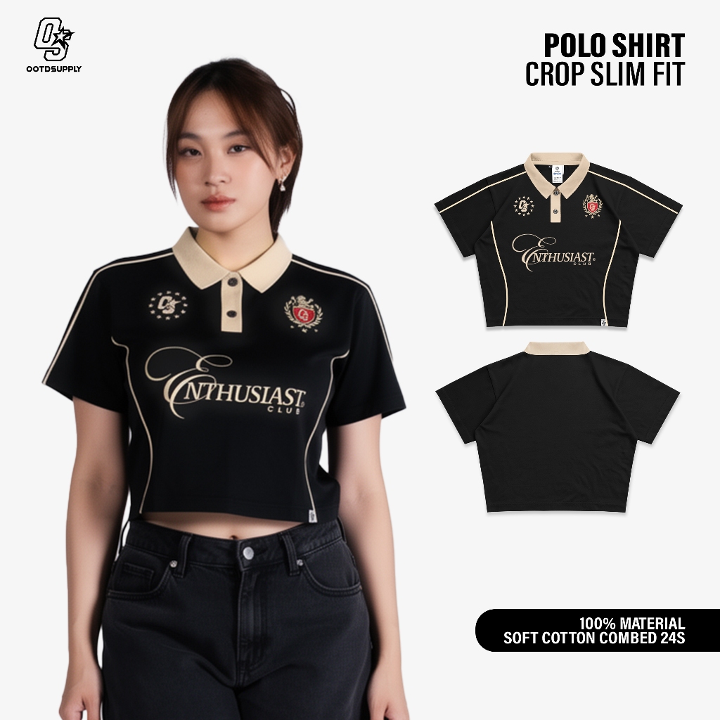 OOTDSUPPLY Polo Croptop SlimFit Curveline Stellar Black Cream l Polo Crop Fit Royal Series | Crop Fit Double List Premium | OS-CT-PS-CVL-BLC-004