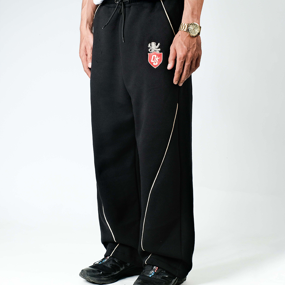 OOTDSUPPLY Baggy Pants Curveline Insignia Embroiderry Black Cream l Celana Baggy Royal Series | Celana Panjang Double List Premium | OS-BP-CVL-BLC-ISE