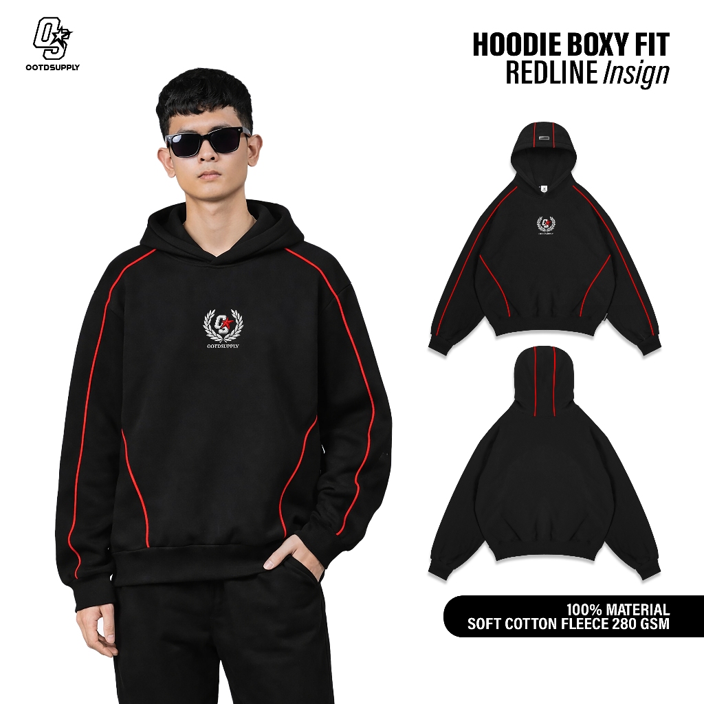 OOTDSUPPLY Hoodie BoxyFit Redline Insign Embroiderry Black l Hoodie Boxy Line Series | OS-HDBX-RL-BLK-005E