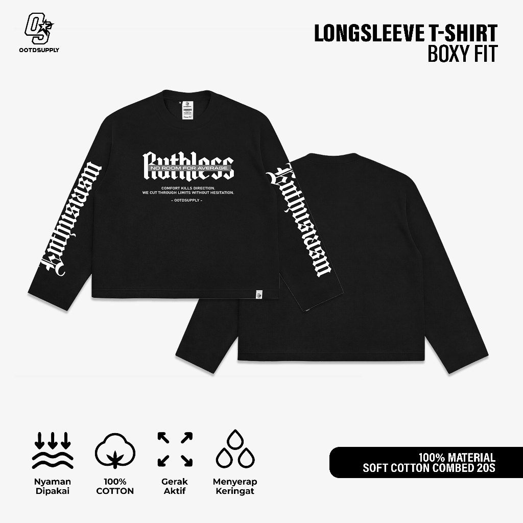 OOTDSUPPLY Longsleeve Boxy 20s Ruthless Black l Oversize T-Shirt Lengan Panjang l Kaos Panjang I Atasan Unisex | OS-LS-BX-013