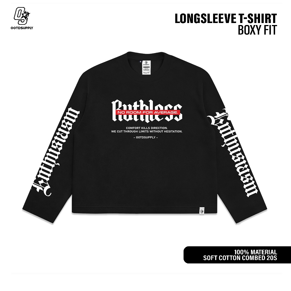 OOTDSUPPLY Longsleeve Boxy 20s Ruthless Black l Oversize T-Shirt Lengan Panjang l Kaos Panjang I Atasan Unisex | OS-LS-BX-013