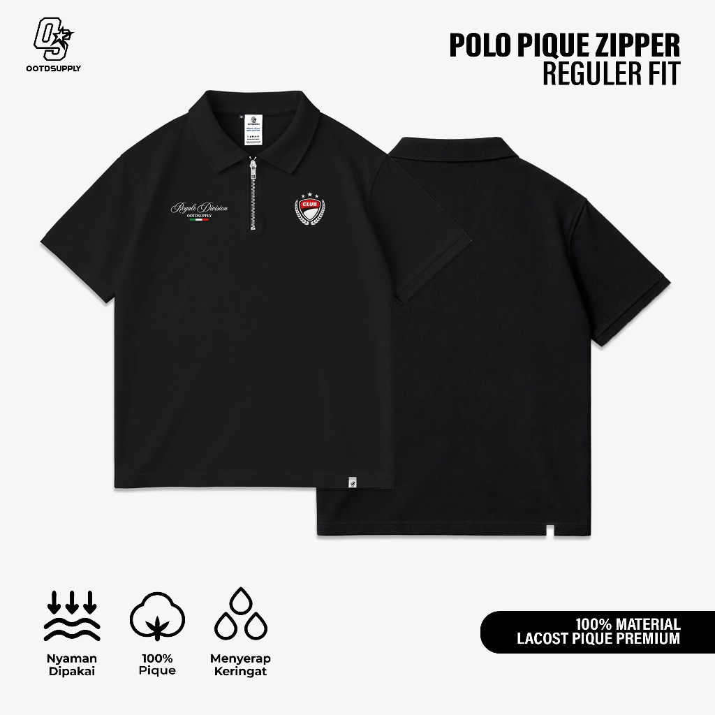 OOTDSUPPLY Polo Pique Zipper Divion Embroidery Black l Polo Pique | Kemeja Unisex Regular Fit | Kaos Polo Premium Lacost I OS-PS-ZP-BLK-02E
