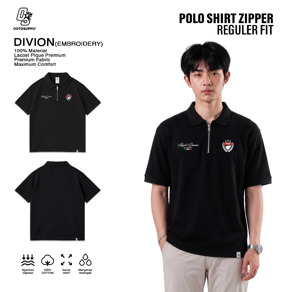 OOTDSUPPLY Polo Pique Zipper Divion Embroidery Black l Polo Pique | Kemeja Unisex Regular Fit | Kaos Polo Premium Lacost I OS-PS-ZP-BLK-02E