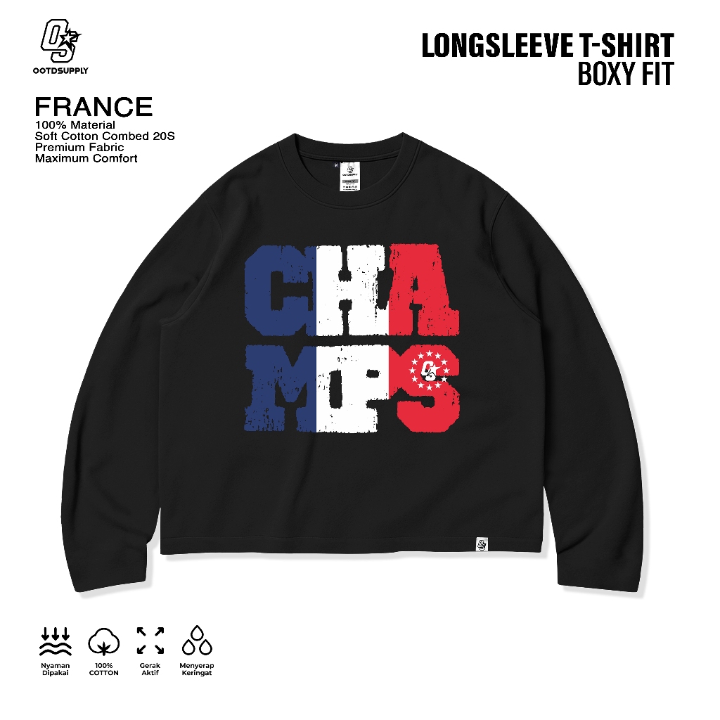 OOTDSUPPLY Longsleeve Boxy 20s France Black l Oversize Boxy World Cups Series | T-Shirt Lengan Panjang l Kaos Panjang I Atasan Unisex | OS-LS-BX-017