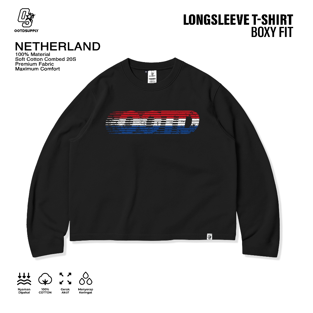 OOTDSUPPLY Longsleeve Boxy 20s Netherland Black l Oversize Boxy World Cups Series | T-Shirt Lengan Panjang l Kaos Panjang I Atasan Unisex | OS-LS-BX-018
