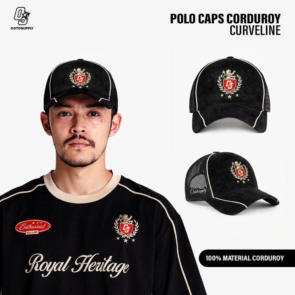 OOTDSUPPLY Polo Caps Corduroy Insignia Bordir Black| Topi Hat Twill Bordir Pria & Wanita | OS-CAP-CDR-06E-BC