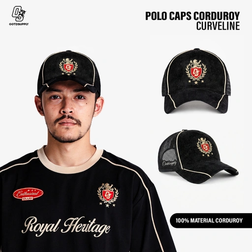 OOTDSUPPLY Polo Caps Corduroy Insignia Bordir Black| Topi Hat Twill Bordir Pria & Wanita | OS-CAP-CDR-06E-BC