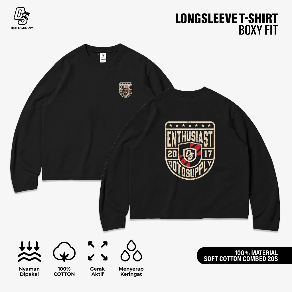 OOTDSUPPLY Longsleeve Boxy 20s Eternal Shield Black l Oversize T-Shirt Lengan Panjang l Kaos Panjang Boxyfit | OS-LS-BX-RIB018