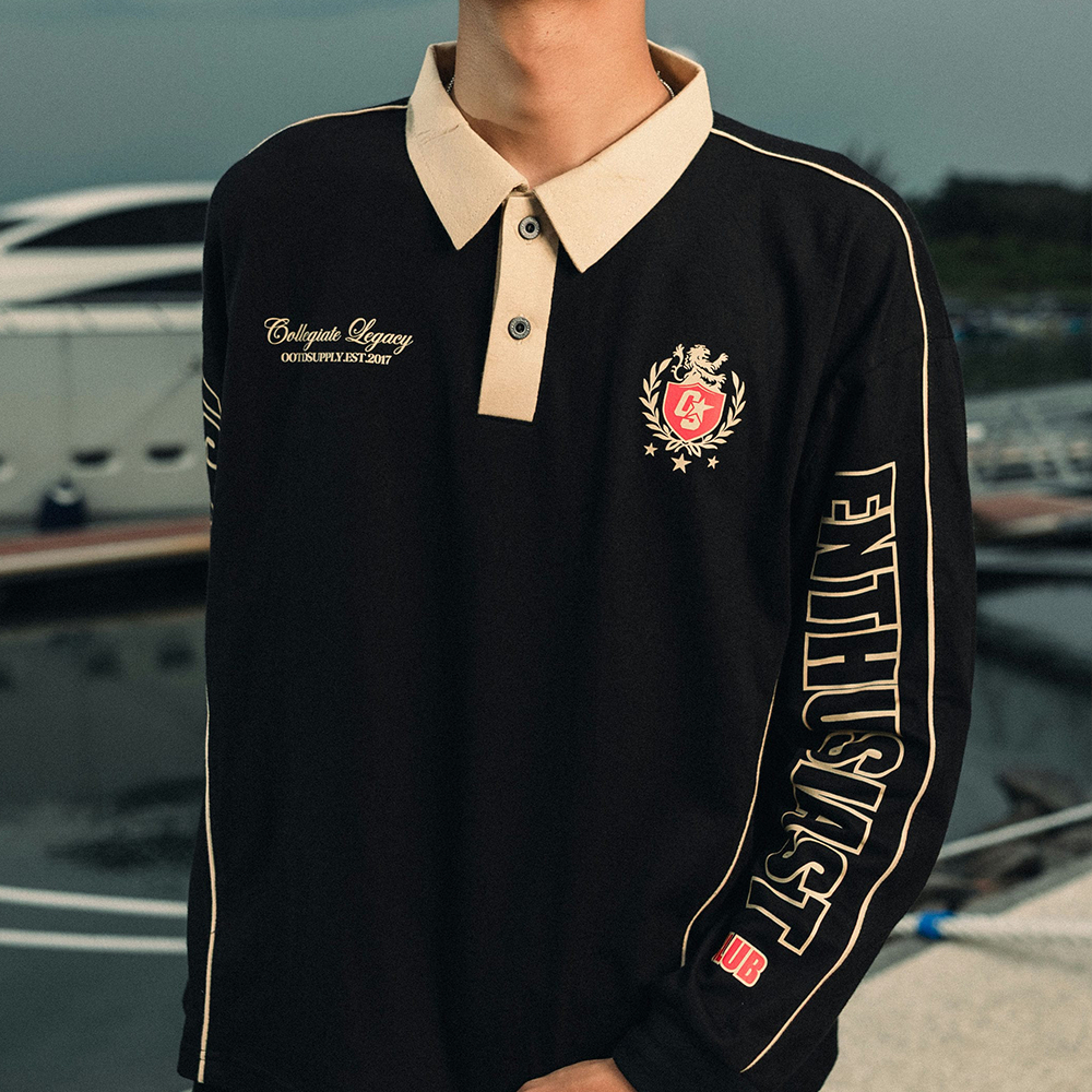 OOTDSUPPLY Polo Longsleeve BoxyFit Curveline Athletic Black Cream l Polo Lengan Panjang Royal Series | Kaos Panjang Double List Premium | OS-LS-PS-CVL-BLC-004