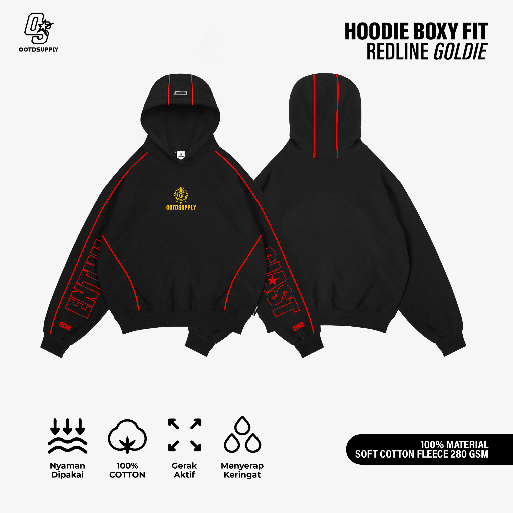 OOTDSUPPLY Hoodie BoxyFit Redline Goldie Embroiderry Black l Hoodie Boxy Line Series | OS-HDBX-RL-BLK-006E