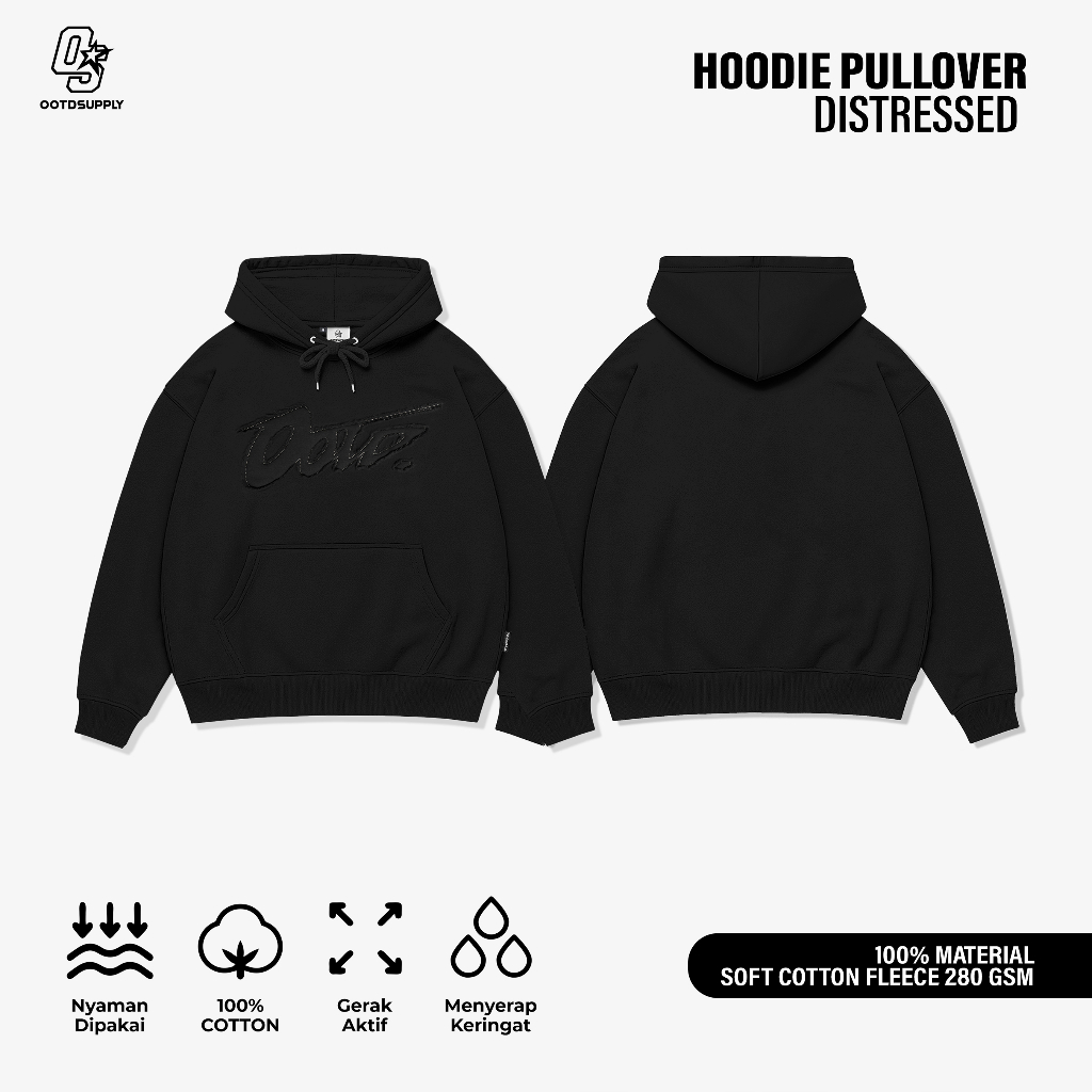 OOTDSUPPLY Hoodie Pullover Distressed OOTD Marked Embroidery Black | OS-HD-DS-02E-BLK