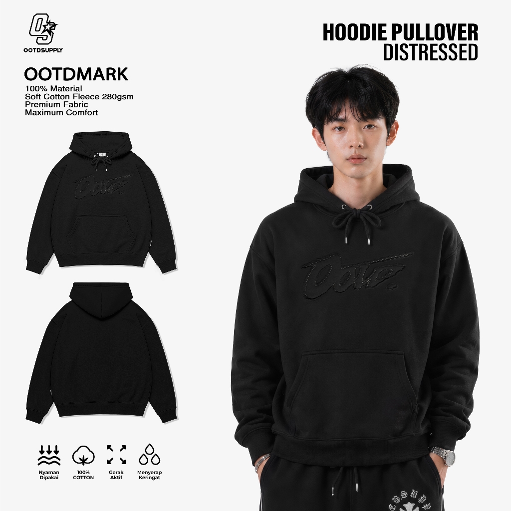 OOTDSUPPLY Hoodie Pullover Distressed OOTD Marked Embroidery Black | OS-HD-DS-02E-BLK