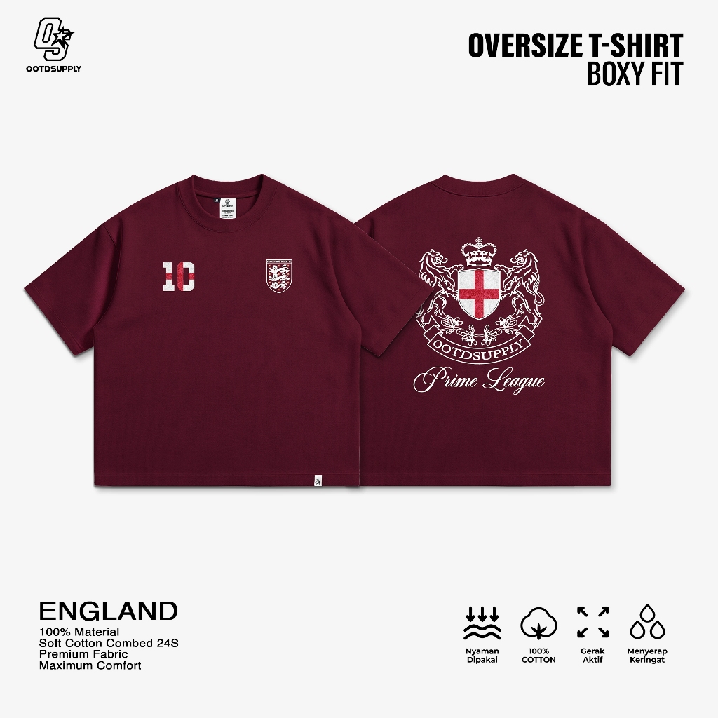 OOTDSUPPLY Boxy Fit Oversize England Black & Maroon | Cotton Boxy World Cup Series | Tshirt Boxyfit l Kaos Boxy OS-OVZ-BX-075