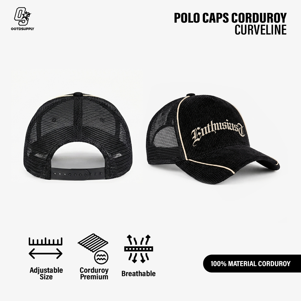OOTDSUPPLY Polo Caps Corduroy Bayone Bordir Black | Topi Hat Twill Bordir Pria & Wanita | OS-CAP-CDR-046-BC