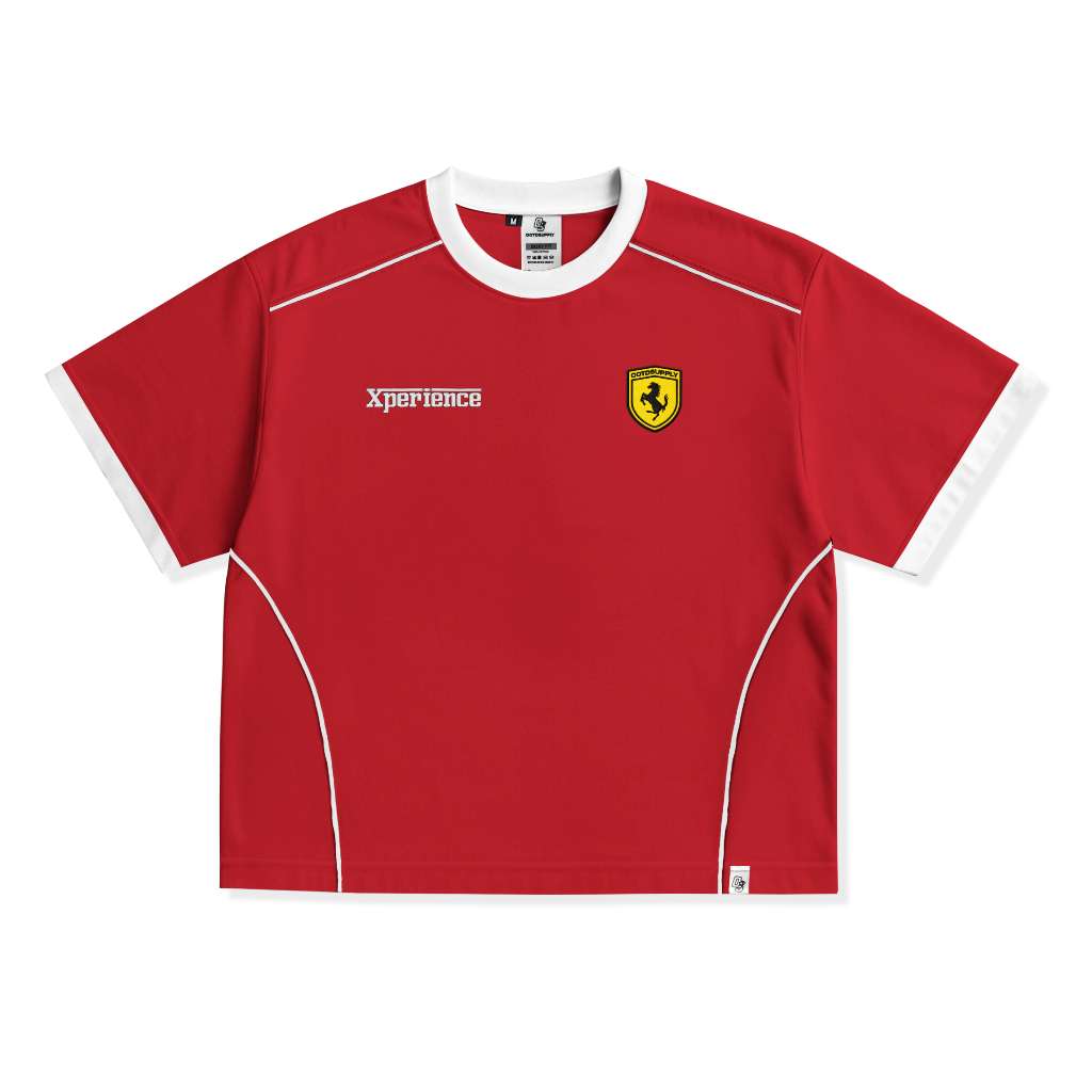 OOTDSUPPLY Oversize Boxy Ringer Line Forza Embroiderry Red Chili & Black l Kaos Boxy Unisex Ringer Series | OS-OVZ-BX-RL-RC-001E