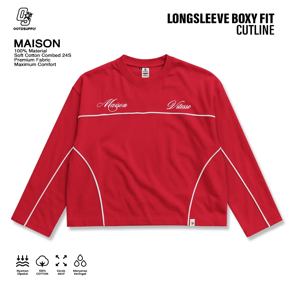OOTDSUPPLY Longsleeve Boxy Cutline Maison Red Chili & Black l Kaos Panjang Boxy List Unisex | LS-BX-CL-007